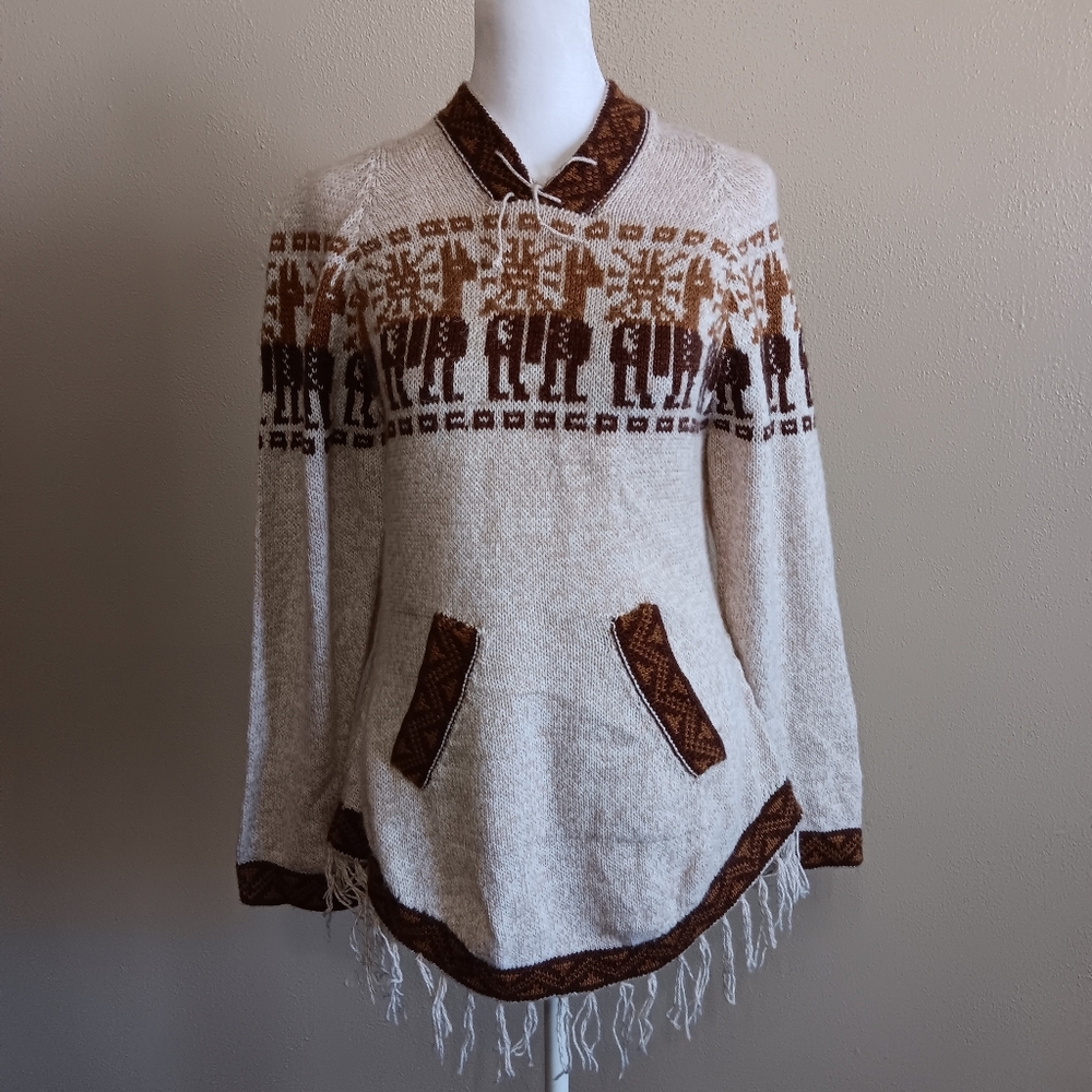 Alpaca Design Cream Brown Pullover Knit Sweater Boho Festival Fall Earthy Fringe